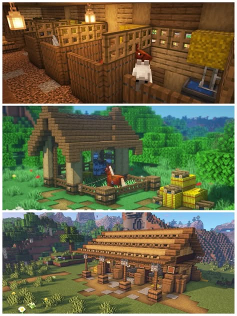 Minecraft Horse Stables Ideas Cottage Core, Minecraft Stables Horses, Minecraft Fantasy Horse Stable, Minecraft Horse Stables Cottage Core, Horse Barn Minecraft Ideas, Mc Horse Stable, Minecraft Horse Stall, Horse Minecraft Stables, Minecraft Dog House Ideas Big