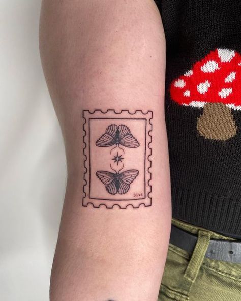 Sister Stamp Tattoo, Butterfly Stamp Tattoo, Stamp Tattoo Butterfly, Moon Stamp Tattoo, Stamp Tattoo Ideas, Envelope Tattoo, Skin Doodles, Acorn Tattoo, Filler Tattoos