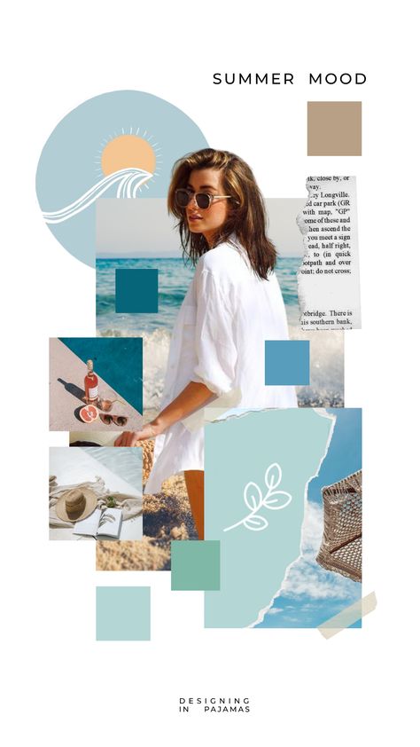 Beach Wear Mood Board, Ocean Theme Mood Board, Summer Fashion Mood Board, Summer Aesthetic Moodboard, Summer Graphic Design Inspiration, Mood Boards Aesthetic Fashion, Ocean Mood Board, Moodboard Inspiration Mood Boards Ideas, Summer Moodboard Aesthetic