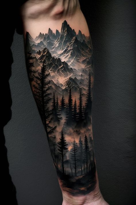 Men’s Outdoor Sleeve Tattoo, Nature Sleeve Tattoos For Guys, Mountains Half Sleeve Tattoo, Half Sleeve Nature Tattoo For Men, Guy Tattoos Forearm, Full Sleeve Nature Tattoo, Men's Sleeve Tattoo, Forearm Nature Tattoo Men, Forest Arm Sleeve Tattoo