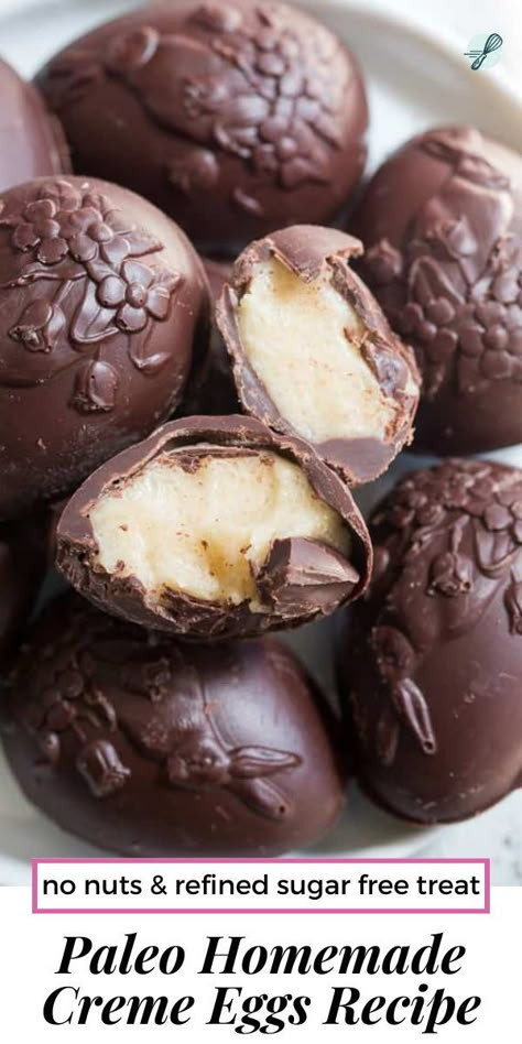 These homemade copycat Cadbury Creme Eggs are a rich and decadent paleo chocolate treat that everyone will love! Easy to make – the filling comes together in just a few minutes and contains no nuts or refined sugar, and has a dairy free option. Paleo Baking Recipes, Paleo Candy, Creme Eggs, Healthy Chocolate Recipes, Aip Desserts, Grain Free Desserts, Sugar Free Treats, Clean Eating Desserts, Paleo Sweets