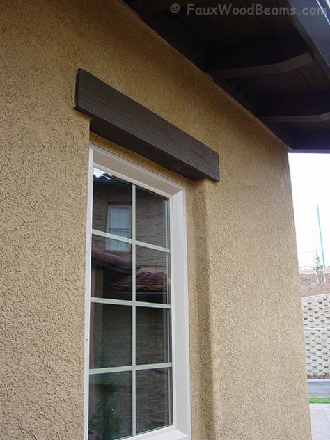 L-Beam window header installed with screws and adhesive with the look of a solid wood beam. Wood Exterior Window Trim, Shutter Alternatives Exterior, House Without Shutters, Window Header, House Accents, Window Shutters Exterior, Lakehouse Ideas, Exterior Window, House Redo