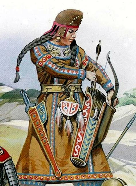 A reconstruction of a Scythian female warriors in battle (Cernenko & Gorelik, 1989, Plate F). Inspired Costumes, Ancient Persia, Ancient Warfare, Heroic Fantasy, Iron Age, Xiamen, Ancient Cultures, Dark Ages, Central Asia