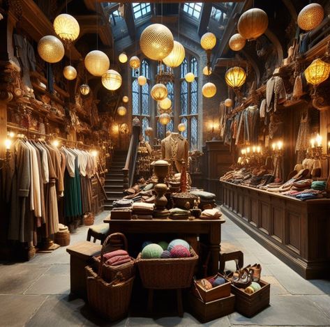 Fantasy Store Interior, Clothing Shop Interiors, Witchy Store, Harry Potter Visuals, Fantastic Beasts Book, Supernatural Academy, Dnd City, Fantasy Store, Hidden Room