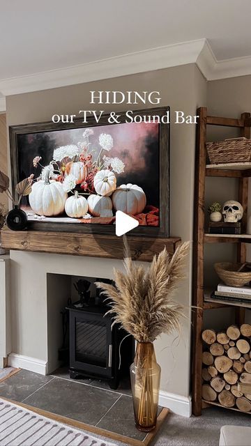 Frame Tv Over Fireplace Living Rooms, Hide Sound Bar On Mantle, Fireplace Next To Front Door, Sound Bar On Mantle, How To Hide Sound Bar On Mantle, Tv With Fireplace Underneath, Tv Above Mantle, Fireplace Mantle Decor With Tv, Mantle Decorating Ideas With Tv