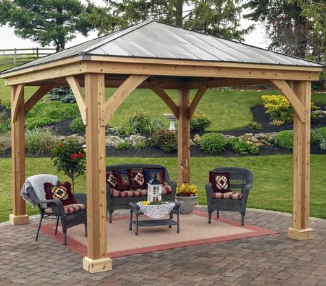 Cedar pavilion kit for patio 12×12 Backyard Pavilion Ideas, Pavilion Ideas, Permanent Gazebo, Rustic Pergola, Aluminum Gazebo, Wooden Gazebo, Pergola Ideas, Outdoor Pavilion, Backyard Gazebo