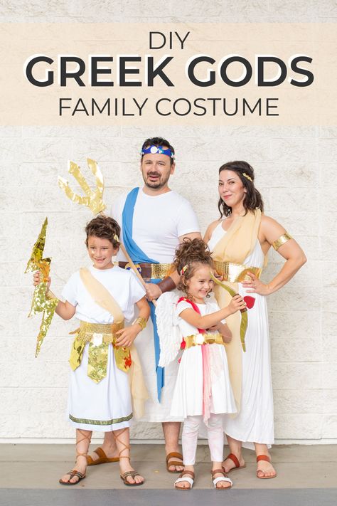 One of my favorite family costumes to date was Greek gods! Create this DIY Zeus costume for Halloween for kids or adults. It's easy to make and easy to wear. This tutorial also features an easy Poseidon costume, Athena costume, and Cupid costume! Greek Gods Family Costumes, Ancient Rome Costume Diy, Greek Costume Diy Men, Greek Dress Up, Greek God Family Costume, Greek Mythology Family Costumes, Apollo Costume Greek, Greece Costume Ideas, Gladiator Costume Diy