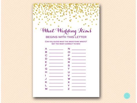 Purple Gold Bridal Shower Games, What Wedding items begins with the letter, Bridal Shower Game, Brid Baby Shower Printable Games, Gold Baby Shower, Bridal Shower Printables, Sprinkle Baby Shower, Gold Bridal Showers, Gold Baby Showers, Rainbow Sprinkles, Gold Confetti, Printable Baby Shower Games