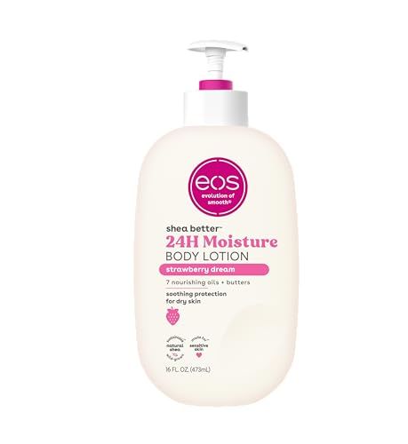 eos Shea Better Body Lotion- Strawberry Dream, 24-Hour Moisture Skin Care, Lightweight & Non-Greasy, Made with Natural Shea, Vegan, 16 fl oz Eso Lotion, Eos Lotion, Scented Body Lotion, Better Body, Strawberry Pink, Pink Sugar, Vanilla Cream, Strawberries And Cream, Smooth Skin