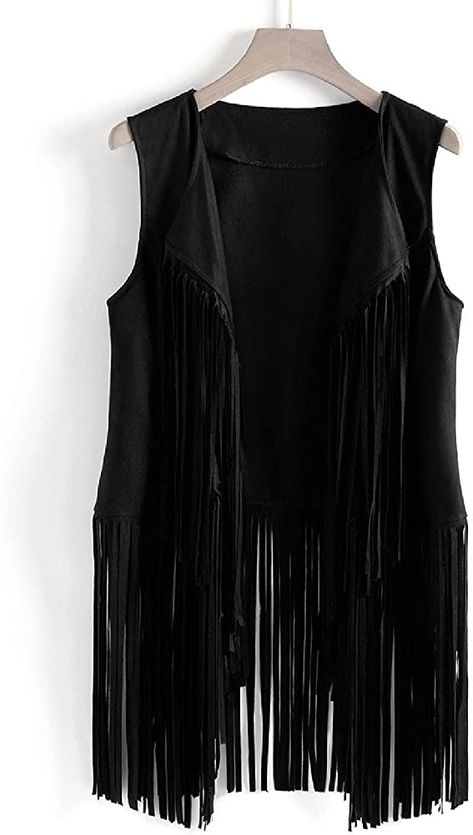 Black Fringe Vest Outfit, Fringe Vest Outfit, Open Front Vest, Ethno Style, Estilo Hippy, Looks Country, Fringe Vest, Hippie Costume, Suede Vest