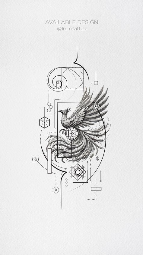 Fine line geometric tattoo featuring a phoenix in flight, golden ratio spiral, sacred geometry, and cosmic accents, symbolizing renewal, growth, and universal harmony. Sun Geometric Tattoo, Geometric Phoenix Tattoo, Line Geometric Tattoo, Geometric Bird Tattoo, Fine Line Geometric Tattoo, Fibonacci Tattoo Sacred Geometry, Prometheus Tattoo, Enlightenment Tattoo, Tree Line Tattoo