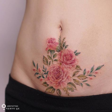 Flower Tattoos Waist, Lower Belly Tattoos For Women Cover Up, Pelvis Tattoo, Pelvic Tattoo, Pelvic Tattoos, Lower Belly Tattoos, Lower Stomach Tattoos, Tummy Tattoo, Colour Tattoo For Women