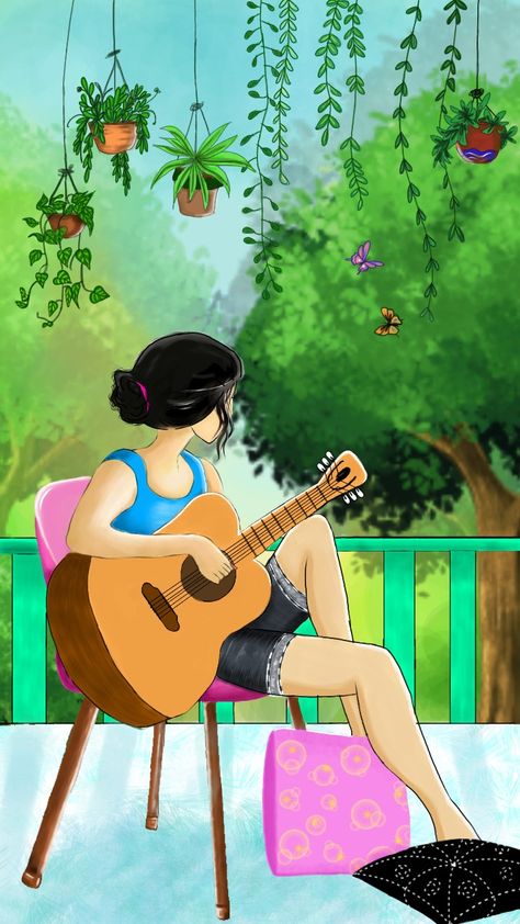 Girl Playing Guitar Drawing, Easy Drawing Ideas For Beginners, Girl Playing Guitar, Guitar Sketch, Drawing Ideas For Beginners, Beginners Drawing, Cute Easy Paintings, Guitar Illustration, Art Scenery