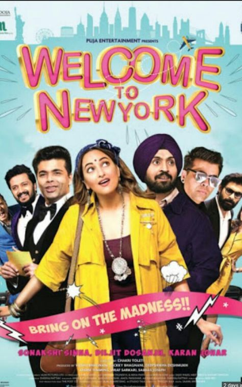 Welcome to New York ( 23.2.18 )  Dir Chakri Toleti also starring Karan johar Boman irani salman khan Riteish Deshmukh New York Movie, Punjabi Movies, Welcome To New York, Vampire Weekend, Diljit Dosanjh, 2018 Movies, Karan Johar, Sonakshi Sinha, Comedy Films