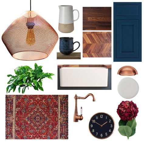 Blue Kitchen With Copper Accents, Rust And Blue Kitchen, Navy Blue And Copper Kitchen, Boho Blue Kitchen, Navy Blue And Rust Living Room, Blue Kitchen Mood Board, Navy And Copper Kitchen, Blue And Copper Kitchen, Container Interior