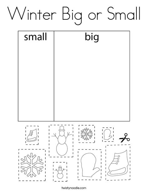 Winter Big or Small Coloring Page - Twisty Noodle Big Or Small Worksheet, Preschool Winter Worksheets, Winter Crafts Preschool, Snowmen Activities, Winter Activities Preschool, Twisty Noodle, Winter Classroom, Worksheets For Preschool, Christmas Worksheets