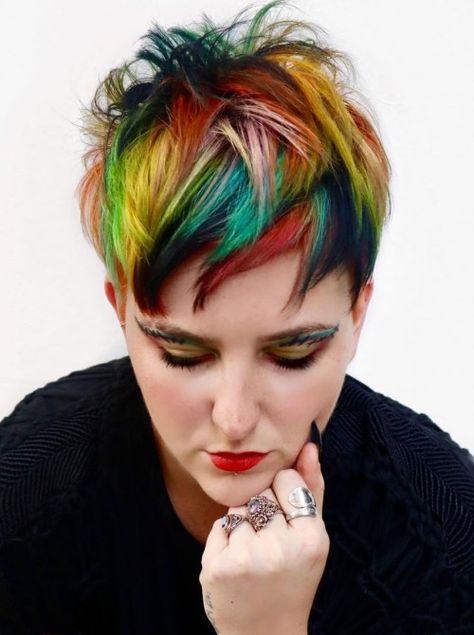 Funky Colored Pixie Cut Short Hair Styles And Color Ideas, Pixie Fashion Color Hair, Colorful Pixie Haircut, Pixie Hairstyles With Color, Fashion Color Short Hair, Hair Color Crazy Short Funky Hairstyles, Fashion Color Pixie Hair, Short Hair Fashion Color, Pixie Haircut With Color