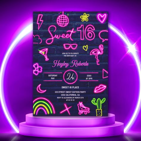 Glow Dance, Neon Birthday Party, Dance Party Birthday, Rainbow Birthday Invitations, Teenager Birthday, 80s Neon, Neon Birthday, Glow Birthday, 16th Birthday Invitations