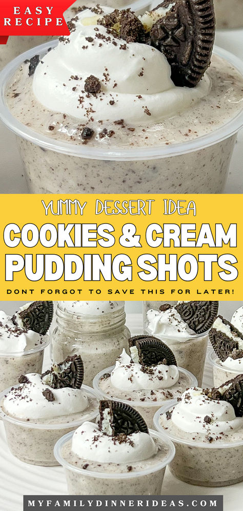 Cookies and Cream Pudding Shots Cookies And Cream Jello Shots, Rum Chata Pudding Shots, Cream Jello Shots, Cookies And Cream Pudding, Cream Jello, Rum Chata, Pudding Shots, Oreo Flavors, Savory Dinner