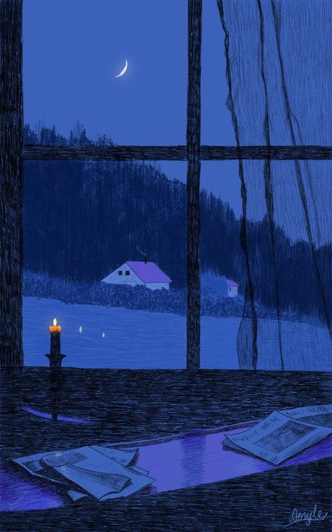 Digital illustration, cottagecore candlelight moonlight rural night scene متحف فني, 동화 삽화, Night Illustration, Illustration Art Drawing, Night Scene, Blue Hour, Drawing Artist, Night Art, Pretty Art