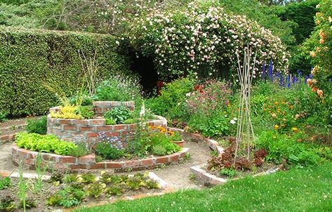 Here is my finished brick herb spiral, hugged by vegetable beds. Don't look too closely at the mortaring! Herb Spiral, Spiral Garden, Herb Garden Design, Potager Garden, Permaculture Design, Plants And Flowers, Ideas Garden, Veggie Garden, Edible Garden