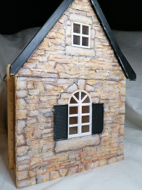 Stone Cottage Dollhouse, Dollhouse Siding Ideas, Dollhouse Stone Exterior Diy, Cottage Dollhouse Diy, Dollhouse Update, Colorful Dollhouse, Happy Hobbies, Dollhouse Exterior, Dollhouse Cottage