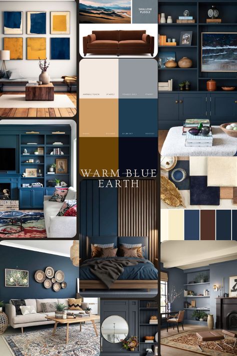 Combine warm blues with earthy tones to create a comfortably stylish interior. Paint Inspiration Living Room, Brown Black Blue Living Room, Color Palette With Green And Blue, Blue And Earth Tones Living Room, Earth Tones With Blue, Brown And Blue Decor, Blue Grey Brown Living Room, Earthy Blue Bedroom, Blue House Interior Design