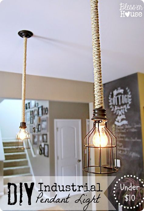 DIY Home Decor | Upgrade your existing builder's grade pendants to industrial caged fixtures for about $10! Blesser House, Diy Industrial Lighting, Jar Projects, Industrial Diy, Diy Pendant Light, Diy Lampe, Industrial Style Lighting, Industrial Light, Vintage Industrial Style