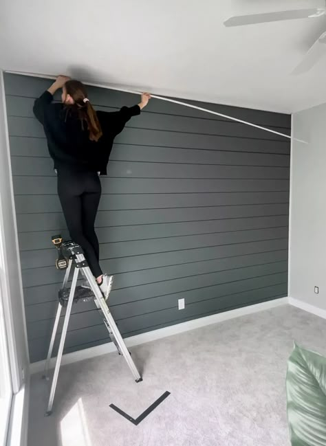 Shiplap Wall Accent Wall Living Room, Gray Shiplap Wall Bedroom, Shiplap Wall Gray, Accent Plank Wall, Diy Shiplap Wall Bedroom, Shiplap All Walls, Shiplap Large Wall Living Rooms, Sloped Ceiling Bedroom Accent Wall, Grey Shiplap Wall Bedroom