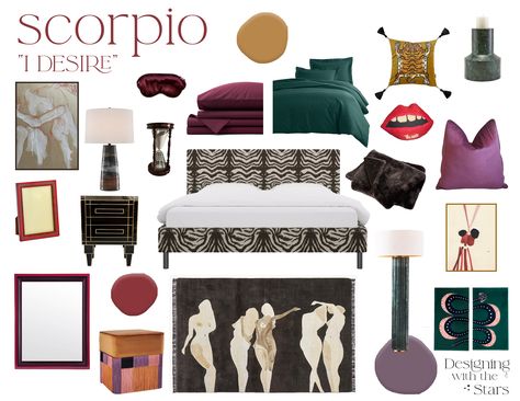 A sultry Scorpio bedroom design by Designing With the Stars, using sun sign characteristics. Scorpio Home Decor, Scorpio Interior Design, Sagittarius Bedroom, Scorpio Bedroom Aesthetic, Scorpio Bedroom, Sultry Bedroom, Pisces Astrology, Esthetician Room Decor, Aesthetic Interior Design