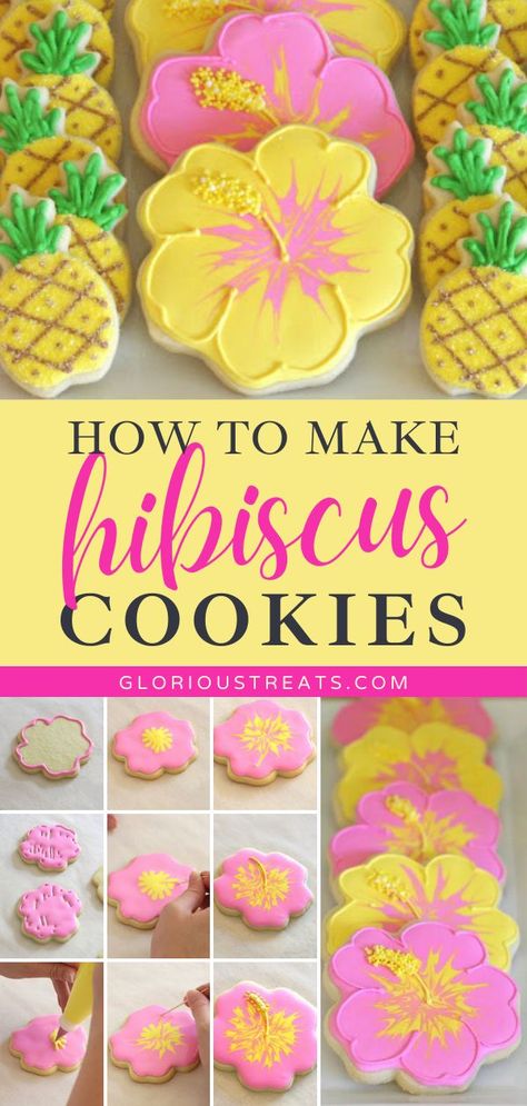 {Cookie Decorating} How to make pretty hibiscus cookies, Spring dessert ideas, Easter desserts Hibiscus Cookies, Classic Sugar Cookie Recipe, Spring Flower Cookies, Luau Cookies, Hawaiian Cookies, Sugar Cookie Decorating, Summer Sugar Cookies, Flower Sugar Cookies, Spring Dessert