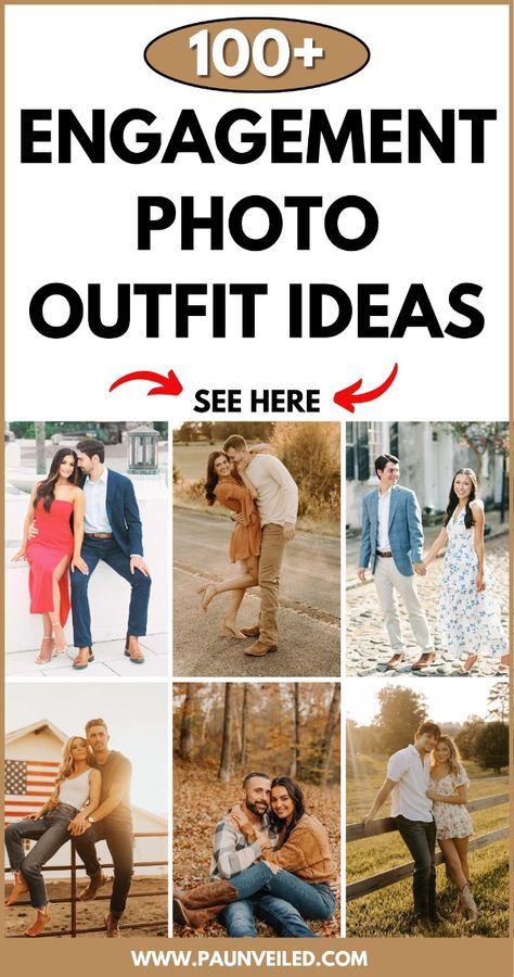 Check out this blog post to see 100+ engagement photo outfit ideas! Get inspired with outfit options for every style, season, and setting—whether you’re going for a cozy fall vibe, a beachy summer look, or something chic and formal for the city. Find ideas for coordinated looks, color schemes, and accessories that make your engagement photos unforgettable. See tons of inspiration to help you decide what to wear for your engagement session. Check out the blog post for 100+ more ideas on what to wear for your engagement photos! Engagement Photos Outfits Cold Weather, Engagement Photos Over 40, Engagement Photos Colors Scheme, January Engagement Pictures Outfit, May Engagement Pictures Outfits, Spring Engagement Outfits, Engagement Clothes For Couple, Simple Engagement Photos Ideas, Couple Outfit Ideas Casual