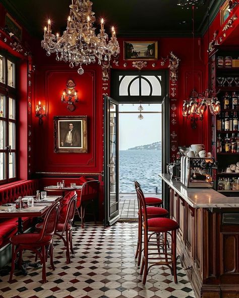 Art Deco Cafe, Bistro Decor, Summer Interior, British Colonial Decor, Cafe Bistro, Victorian Mansions, Red Rooms, Red Walls, Boho Chic Decor