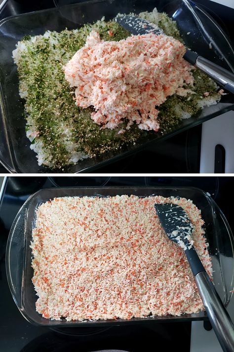 Sushi Bake Recipe Tuna, Bake Sushi Casserole, Sushi Bake California Roll, Sheet Pan Sushi, Easy Sushi Bake Recipe, California Roll Sushi Bake, Crab Sushi Bake Recipe Easy, Sushi Bake Recipe Hawaiian, Sushi Bake Crab