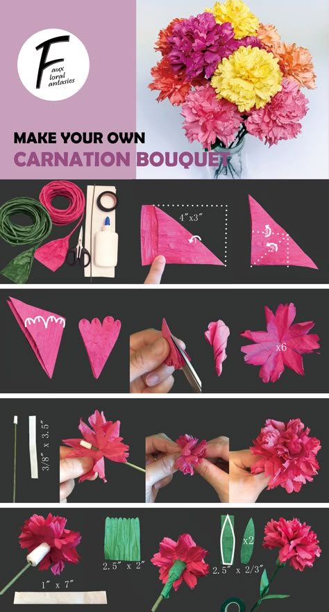 Here is an easy step-by-step instruction to make your very own beautiful carnation bouquet. Our shop on ETSY specializes in DIY PAPER FLOWER KITS which have all the materials you need to start your DIY paper flower masterpiece. www.etsy.com/shop/FauxFloralFantasies Carnation Flower Diy Crepe Paper, Carnation Flower Paper Diy, Diy Paper Bouquet 💐, How To Make Paper Carnations, Crepe Paper Flower Bouquet Diy, Crepe Paper Bouquet Diy, Diy Carnation Flower, Paper Carnations Diy, Creap Paper Flowers Diy