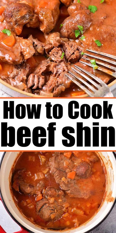 How to cook beef shin in Dutch Oven on the stove to fall apart tender in a rich tomato sauce. Like a beef shank stew with vegetables meal. Shin Recipes Beef, Shin Meat Recipes, Beef Shin Stew, Beef Shin Bone Recipes, Shin Beef Recipes, Beef Shin Recipes, Beef Shank Stew, Beef Shin, Dutch Oven Beef