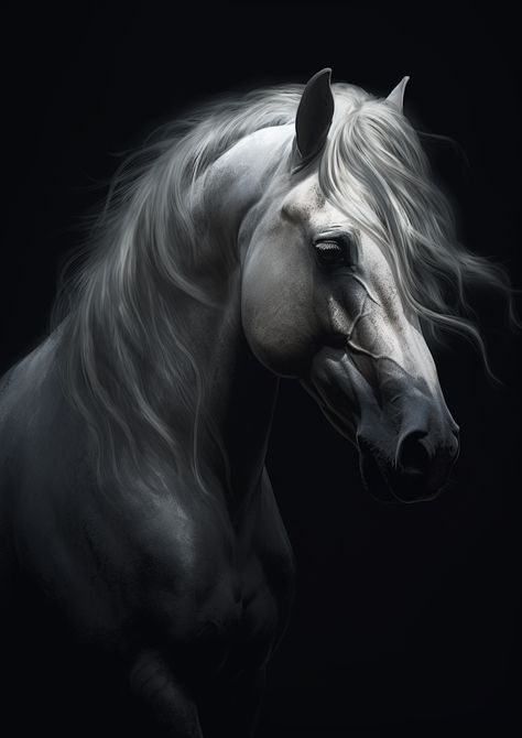 Black And White Horse Photography, Horse Black And White, Black Horse Photography, Horse Head Photography, White Horse Photography, White Horse Painting, Black Background Painting, Horse Canvas Painting, Beautiful Horses Photography