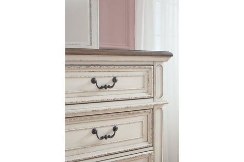 Realyn Dresser and Mirror | Ashley Furniture HomeStore Two Tone Dresser, Decorative Corbels, Dining Room Server, Kids Comforters, Dresser And Mirror, Traditional Cottage, Bed Foundation, Kids Nightstand, Kids Headboard