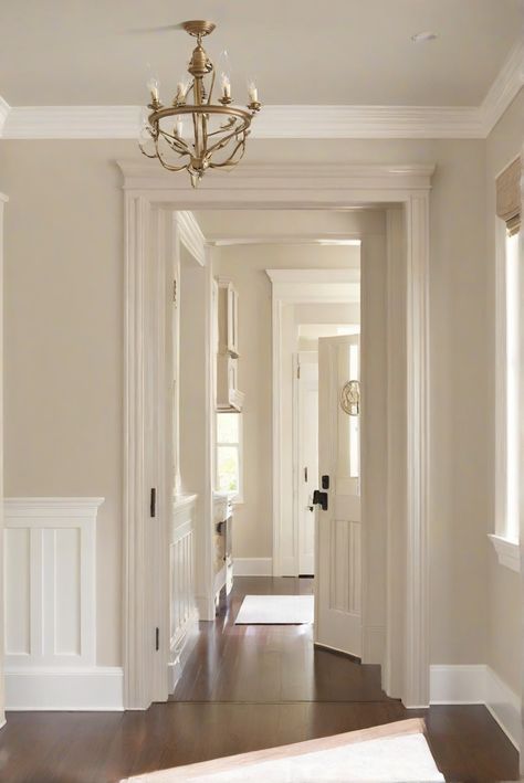 Painting Trim Molding, Pale Oak Benjamin Moore, House Painting Interior, Interior Designers Home Linen Paint Color Benjamin Moore, Bm Pale Oak Bedroom, Paint Trim Ideas, Hale Navy Office, Pale Oak Trim, Pale Oak Coordinating Colors, Darker Trim Lighter Walls, Paint Ideas For Walls, Pale Oak Benjamin Moore