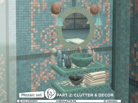 The Sims Resource - Patreon Release - Mozaic bathroom set (2/3: Clutter & decor) Sims Cc Furniture, Sunken Bath, Sunken Bathtub, Mosaic Bathroom, How To Roll Towels, Tiles Bathroom, Reception Signs, Sims Community, Cc Sims