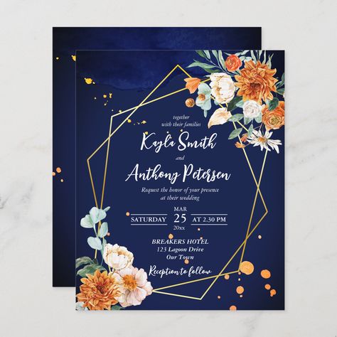 Budget navy blue orange white roses wedding invite Debut Invitation, Orange Wedding Invitations, Quince Invitations, White Roses Wedding, Blue Orange White, Budget Wedding Invitations, Wedding Invitation Card Template, Wedding Anniversary Invitations, Printing Wedding Invitations