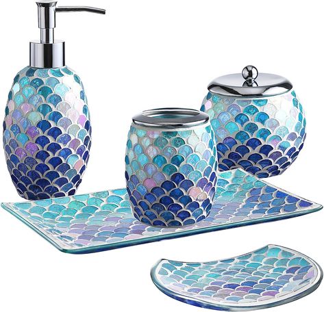 Soap Dispenser Tray, Mermaid Bathroom Decor, Glass Bathroom Accessories, Blue Bathroom Accessories, Glass Mermaid, Mermaid Bathroom, Bad Accessoires, Mosaic Bathroom, Bathroom Accessories Sets