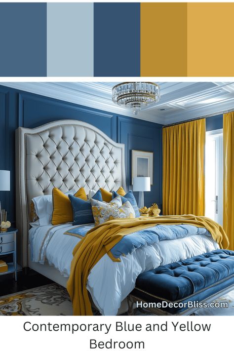 Contemporary Bedroom: Elegant Blue and Gold Design Bedroom Ideas Blue And Gold, Gold And Blue Bedroom, Royal Blue And Gold Bedroom, Royal Blue Walls, Blue And Gold Bedroom, Bedroom Concept, Bedroom Elegant, Contemporary Color Schemes, Gold Curtains