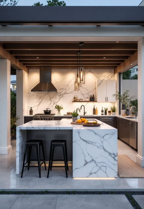 Outdoor Kitchen Ideas Marble Outdoor Kitchen, Outdoor Kitchen With Island, Outdoor Island Kitchen, Outdoor Fireplace Kitchen, Concrete Outdoor Kitchen, Coral House, Rustic Outdoor Kitchens, Outdoor Cooking Spaces, Outdoor Island