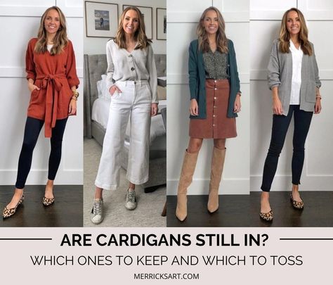 Are Cardigans Still In? Answering Your Questions - Merrick's Art Merricks Art Cardigan, Stylish Cardigans For Women, Work Outfits Cardigan, Outfit Formulas 2023, Cardigan Outfit Women, Short Cardigan Outfit, Cardigan Sweater Outfit, Teaching Wardrobe, Cardigan 2023