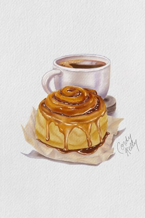 Watercolor cinnamon bun sits in front of coffee Cinnamon Bun Coffee, Journey Photos, Desserts Drawing, Food Art Painting, Food Sketch, Coffee Drawing, Food Illustration Art, Watercolor Food, Cinnamon Recipes