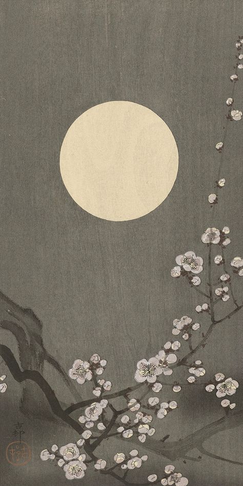 'Flowering Plum and Moon' (1900's). Woodblock print by Ohara Koson (1877 - 1945 ) Pear Blossom Illustration, Moon Japanese, Pear Blossom, Ohara Koson, Cosy Living, Cosy Living Room, Japanese Woodblock, Nature Preserve, Plum Blossom