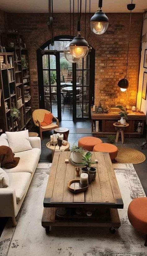 Industrial Brick Wall Living Room, Exposed Brick Decorating Ideas, Brick Loft Apartment Decor, Exposed Brick Office, Indoor Brick Wall Ideas, Brick Living Room Wall, Exposed Brick Walls Living Room, Rustic Industrial House, Brick Loft Apartment