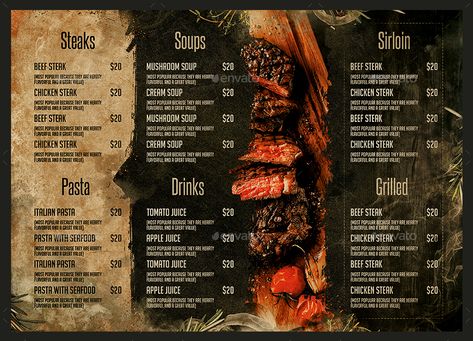 Steak House Menu, Pizza Menu Design, Steak Menu, Steak Soup, Menue Design, Pizza Menu, Fast Food Menu, Barbecue Restaurant, Chicken Steak