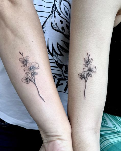 Thai Orchid Tattoo, Orchid Tattoo Placement, Flower Couple Tattoos, Orchid Minimalist Tattoo, Single Orchid Tattoo, Orchid Hand Tattoo, Red Orchid Tattoo, Orchid Tattoo Minimalist, Fine Line Orchid Tattoo